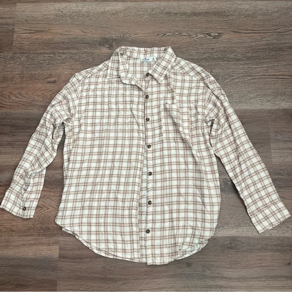 Hollister California button-down blouse in white and brown plaid Medium - Picture 1 of 6